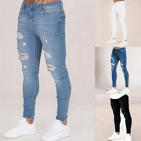 Mens Solid Color Jeans New Fashion Slim Denim Pencil Pants Hip Hop Ripped Sexy Casual Hole Ripped Design Trousers Streetwear