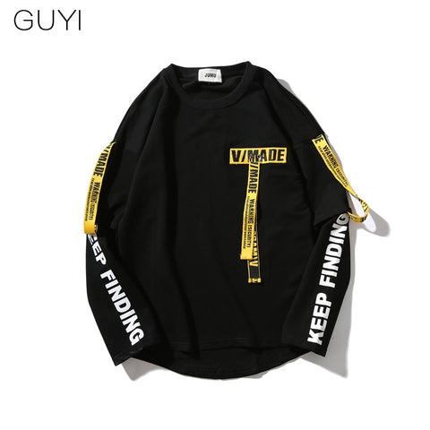 Yellow And Red Ribbons Tag Hoodies Sweatshirts White For Men Letter Off Male Black Casual Hip Hop Sport Boy Men's Top Pullover